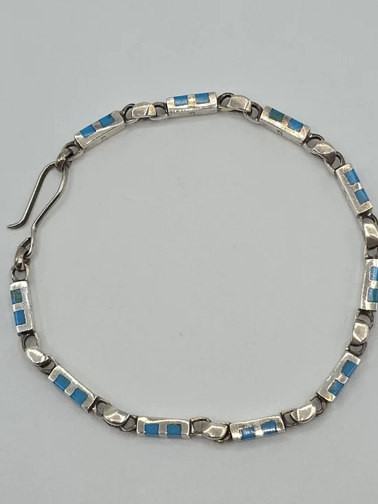 VTG Sterling Silver Turquoise Inlay Link Bracelet 7.5" Southwestern Zuni Style - Picture 3 of 10
